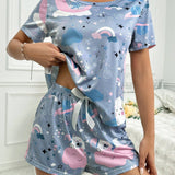 Conjunto de pijama para mujer con lindo estampado de nubes y ositos, cuello redondo