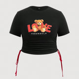 Qutie Plus Size Women's Slim Fit T-Shirt With Bear And Letter Printed Design And Drawstring Detail On The Side