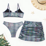 Juego de playa con cadena de moda para mujeres con sosten, bikini inferior y falda, conjunto de bikini de 3 piezas
