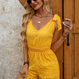 VCAY Solid Color V-Neck Texture Material Summer Jumpsuit