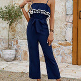 VCAY Women Solid Color Fringe Decorated Strap Jumpsuit