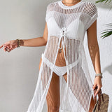 Swim Vcay Vestido de encubrimiento para damas de encaje calado con nudo frontal y abertura, adecuado para vacaciones de verano en la playa