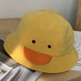 Sombrero de cubo amarillo con dibujo de pato lindo, sombrero de cubo unise de proteccion solar de primavera / otono, gorra con borde de unicolor y protector facial desmontable para diversion y relajacion