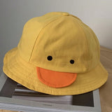 Sombrero de cubo amarillo con dibujo de pato lindo, sombrero de cubo unise de proteccion solar de primavera / otono, gorra con borde de unicolor y protector facial desmontable para diversion y relajacion