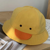 Sombrero de cubo amarillo con dibujo de pato lindo, sombrero de cubo unise de proteccion solar de primavera / otono, gorra con borde de unicolor y protector facial desmontable para diversion y relajacion