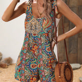 VCAY Women Summer Vacation Style Loose Fit Sleeveless Romper With Waist Tie And Paisley Print