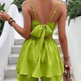 VCAY Summer Vacation Solid Color Twisted Hollow Out Bandage Backless Spaghetti Strap Jumpsuit