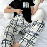 NEW Conjunto de pijama de mujeres de moda con pantalones largos y mangas cortas a cuadros