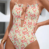 Swim Mod Traje de bano de una sola pieza con un hombro descubierto y estampado de flores, moda y sexy para mujeres