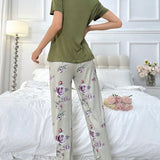 Conjunto de pijama para mujer: Top de manga corta con unicolor y pantalon largo impreso