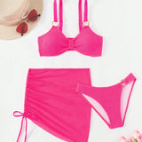 Conjunto de bikini circular de color solido para mujeres, ideal para vacaciones en la playa con camisa y falda cubridora