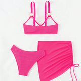 Conjunto de bikini circular de color solido para mujeres, ideal para vacaciones en la playa con camisa y falda cubridora