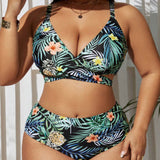Swim Vcay Conjunto de traje de bano de tres piezas de talla grande con estampado tropical aleatorio, adecuado para vacaciones en la playa en verano