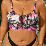 Swim Vcay Parte superior de bikini floral con estampado de palmeras para mujeres de talla grande con recortes, dobladillo con volantes y tirantes ajustables para vacaciones de verano en la playa