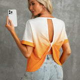 Camiseta suelta casual de verano para mujeres, naranja a blanco degradado con nudo de torsion, espalda descubierta, de a y versatil