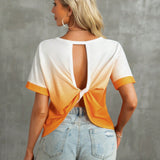 Camiseta suelta casual de verano para mujeres, naranja a blanco degradado con nudo de torsion, espalda descubierta, de a y versatil