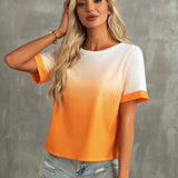 Camiseta suelta casual de verano para mujeres, naranja a blanco degradado con nudo de torsion, espalda descubierta, de a y versatil