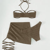 Conjunto de bikini para mujer con textura cruzada en el cuello halter es adecuado para vacaciones de verano en la playa