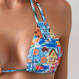 Swim Vcay Conjunto de bikini de mujer con estampado de frutas, estilo halter y lazo en el cuello para vacaciones