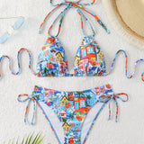 Swim Vcay Conjunto de bikini de mujer con estampado de frutas, estilo halter y lazo en el cuello para vacaciones