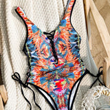 VCAY Moderno Monokini Sin Tirantes Con Estampado Y Detalle Calado