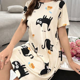 Vestido De Dormir Suave Y Comodo De Manga Corta Con Estampado De Gato Para Mujeres