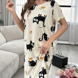 Vestido De Dormir Suave Y Comodo De Manga Corta Con Estampado De Gato Para Mujeres