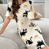 Vestido De Dormir Suave Y Comodo De Manga Corta Con Estampado De Gato Para Mujeres