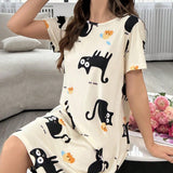 Vestido De Dormir Suave Y Comodo De Manga Corta Con Estampado De Gato Para Mujeres