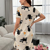 Vestido De Dormir Suave Y Comodo De Manga Corta Con Estampado De Gato Para Mujeres