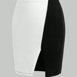 Prive Plus Size Women's Elegant Black & White Contrast Color Pencil Skirt, Slim Fit Style, With High Slit, Suitable For Minimalist Workplace Or Daily Wear