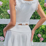 Qutie Conjunto de camiseta de tirantes elastica de color solido de verano y falda de ballet tejida para mujer