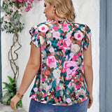 Clasi Camisa de verano informal de vacaciones de a grande con estampado floral, dobladillo con borde de volantes y decoracion de escote con muescas