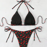 Banador bikini de mujer con estampado de cerezos de cobertura completa con corbata lateral y cuello colgante