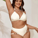 Swim Vcay Conjunto de bikini de talla grande para la playa de verano con detalles circulares y diseno de cuello halter
