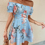 VCAY Women Summer Holiday Style Floral Print Off-Shoulder Layered Ruffle Hem Romper