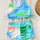 Swim Conjunto de bikini con top cortado con lazos laterales con gradiente y cuello redondo, sin alambre para playa y natacion de verano