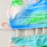 Swim Conjunto de bikini con top cortado con lazos laterales con gradiente y cuello redondo, sin alambre para playa y natacion de verano