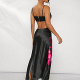 Haute Conjunto de top corto y falda larga maxi de saten negro con estampado floral