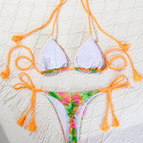 Swim Conjunto de bikini para mujeres con estampado tie dye y cuello halter para vacaciones en la playa, diseno impreso al azar