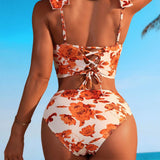 Swim Vcay Conjunto de Tankini para mujer con parte superior impresa en toda la playa y ribete de volantes con espalda con cordones y Bottom de traje de bano, moderno y elegante para el verano