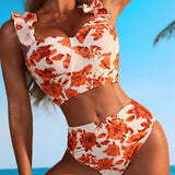 Swim Vcay Conjunto de Tankini para mujer con parte superior impresa en toda la playa y ribete de volantes con espalda con cordones y Bottom de traje de bano, moderno y elegante para el verano