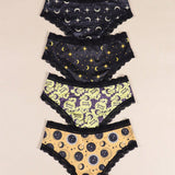 Morvia 4 piezas Romantico Contraste de Encaje Hipster Panties, esparcido de estrellas y lunas y espacio y cielo estrellado e impresion de constelaciones Boho Estilo Ilusion Intimos Panties de brief para mujeres, ropa interior y lenceria