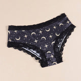 Morvia 4 piezas Romantico Contraste de Encaje Hipster Panties, esparcido de estrellas y lunas y espacio y cielo estrellado e impresion de constelaciones Boho Estilo Ilusion Intimos Panties de brief para mujeres, ropa interior y lenceria