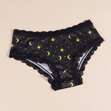 Morvia 4 piezas Romantico Contraste de Encaje Hipster Panties, esparcido de estrellas y lunas y espacio y cielo estrellado e impresion de constelaciones Boho Estilo Ilusion Intimos Panties de brief para mujeres, ropa interior y lenceria