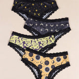 Morvia 4 piezas Romantico Contraste de Encaje Hipster Panties, esparcido de estrellas y lunas y espacio y cielo estrellado e impresion de constelaciones Boho Estilo Ilusion Intimos Panties de brief para mujeres, ropa interior y lenceria