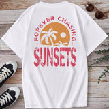 Camiseta de manga corta casual de verano para mujer con estampado de letra y palmera y cuello redondo