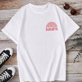 Camiseta de manga corta casual de verano para mujer con estampado de letra y palmera y cuello redondo