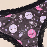 Morvia 4 piezas de calzones tipo hipster romanticos de encaje de contraste, bragas intimas tipo brief de la ropa interior y lenceria de mujer con estampado de estrellas, luna, planetas, cielo nocturno y constelaciones allover estilo bohemio