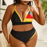 Swim Vcay Conjunto de bikini con escote en V y bloques de color para tallas grandes, ideal para vacaciones en la playa de verano
